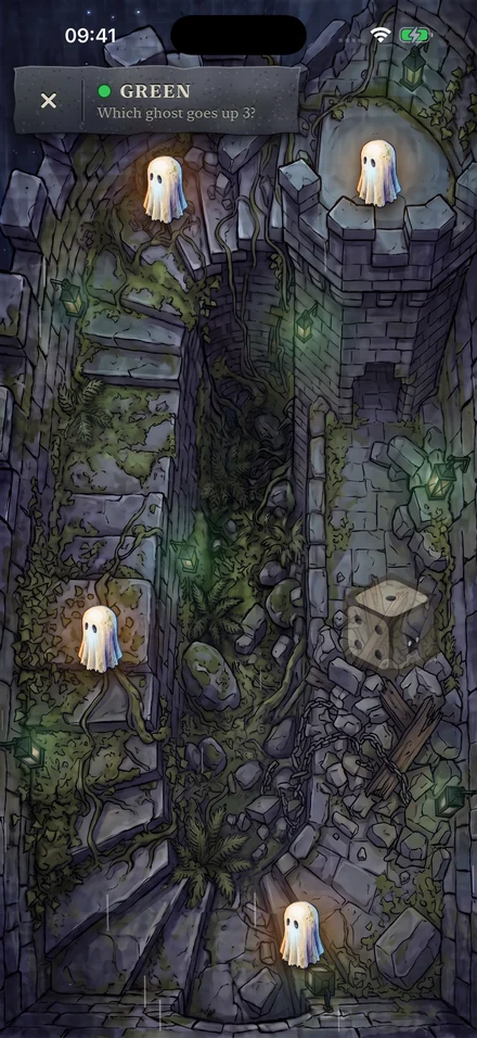 The castle staircase under the storm, with four covered figures climbing
